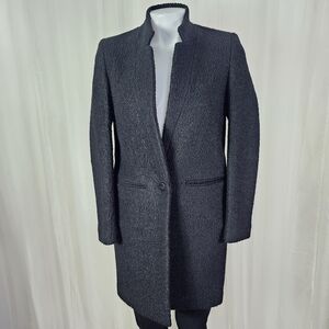Gianni Feraud Elegant Black Textured Wool Boucle Coat Peaked Collar Size 6